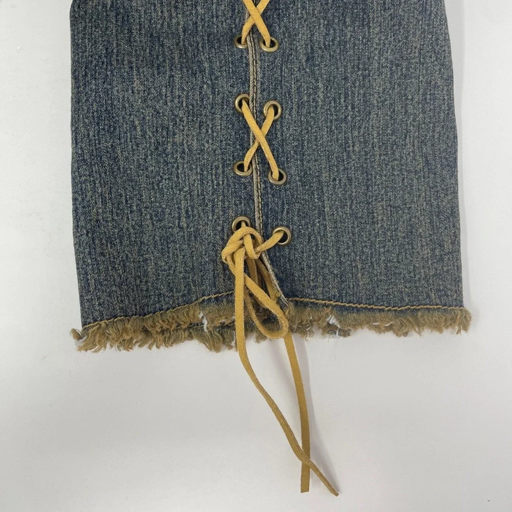 Mwah Jeans Y2K Acid Wash Denim duster Jacket Raw Frayed Edge Cord Leather Lacing